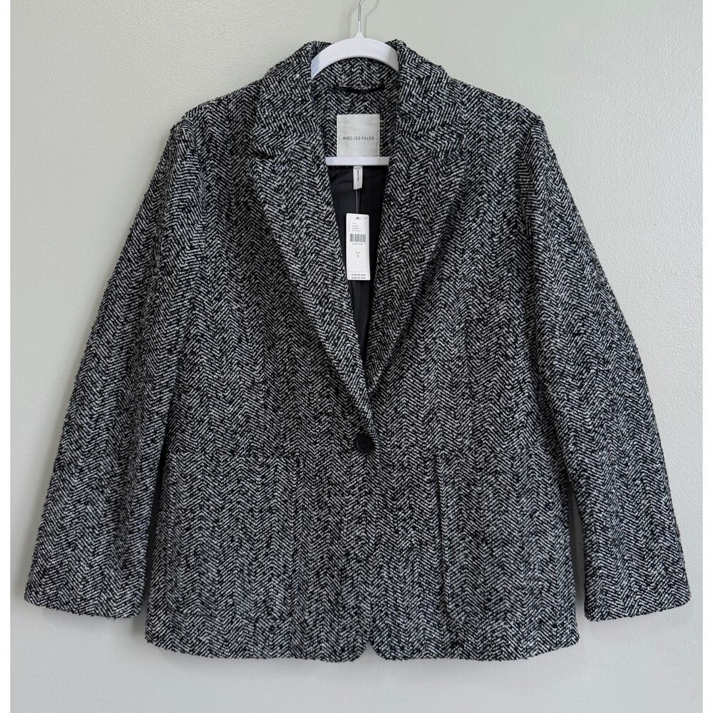 Anthropologie Avec Les Filles Relaxed Herringbone Blazer Black Motif Small NWT